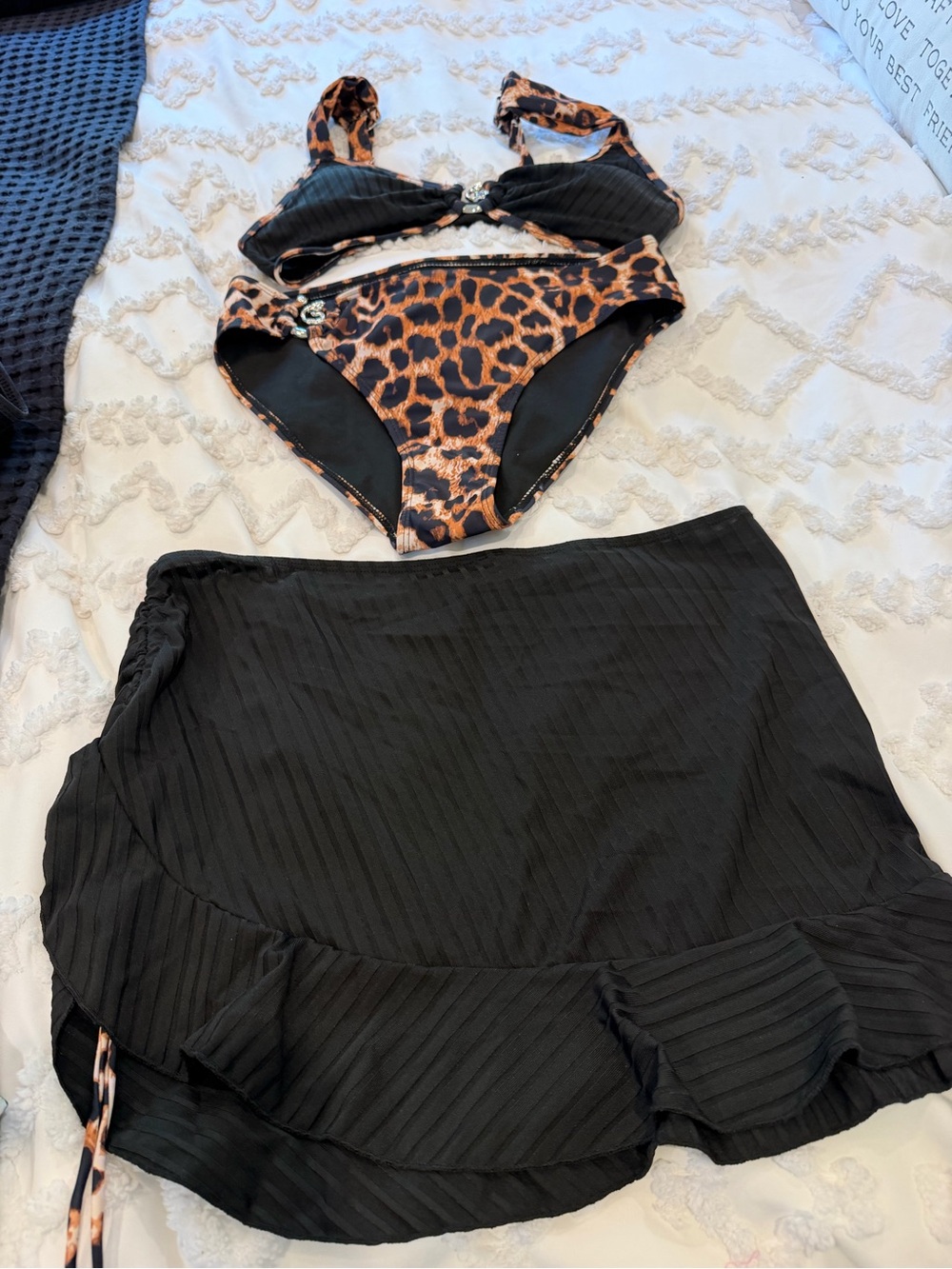Leopard Print Bikini Set with Black Swim Skirt-3 piece set- NWOT